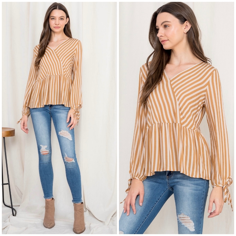 FEW LEFT❗Boho Chic Mustard Striped Surplice Long Sleeves Top